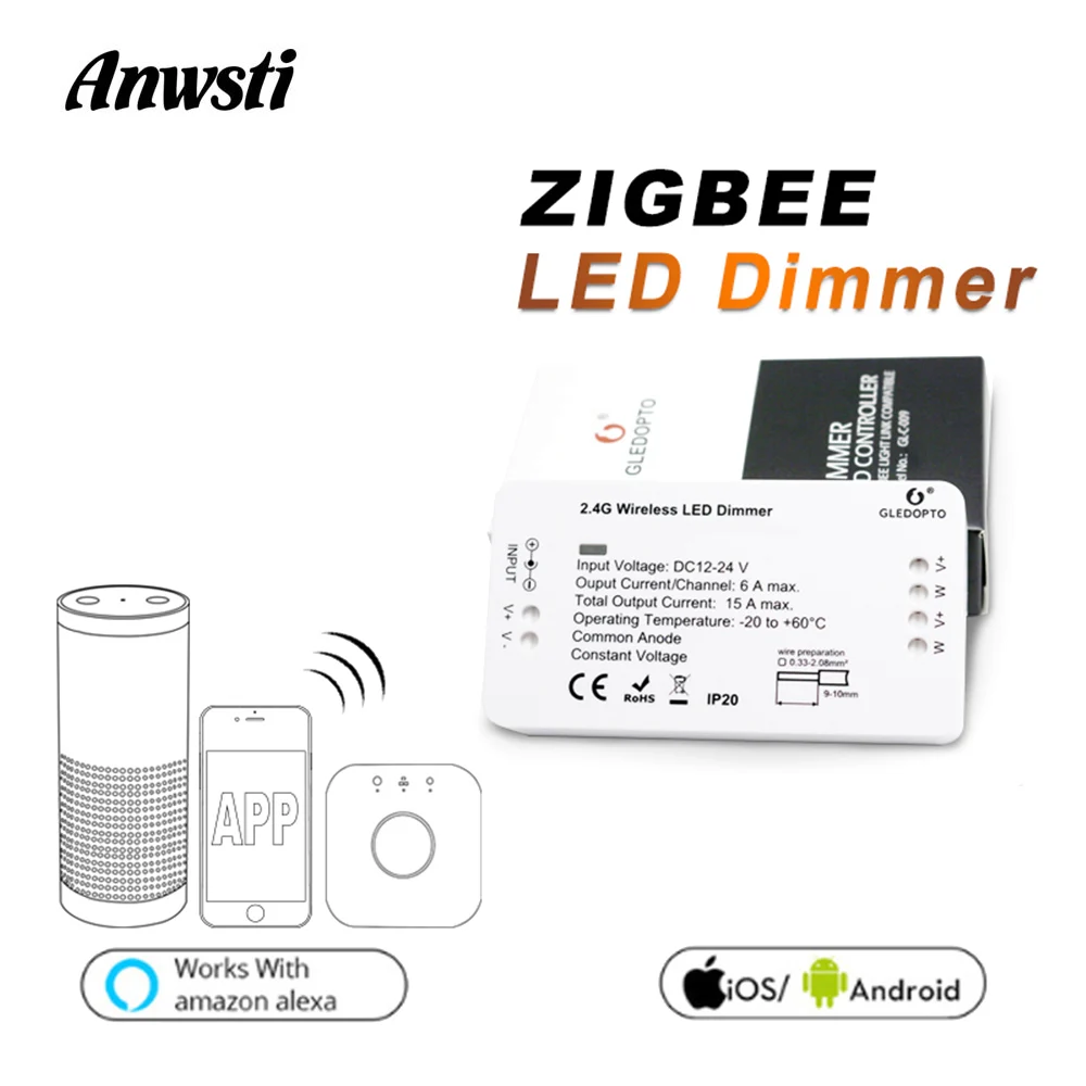 Диммер GLEDOPTO Zigbee, одноцветная светодиодная ленсветильник, 12 В, 24 В, с мостом Zigbee, управлением через приложение Echo Plus