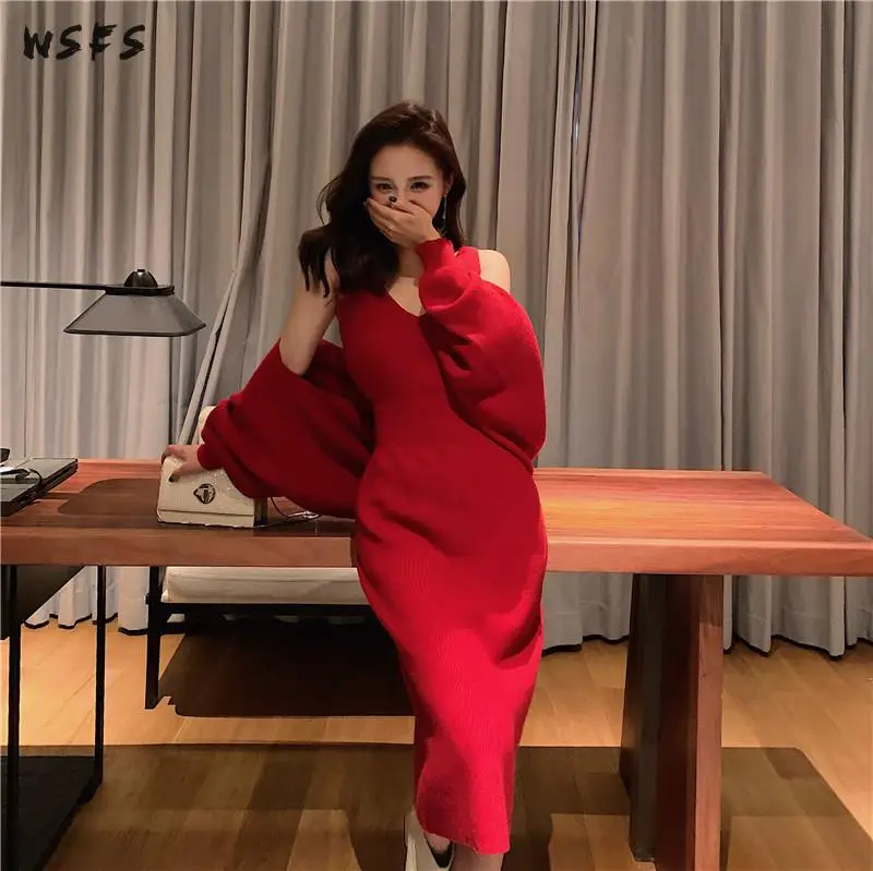 

2 Pieces Set Spring Dress Women Red Knitted Coat Top Bodycon Bandage Vintage Plus Size Braces Skirt Sexy Party Sweater Clothes