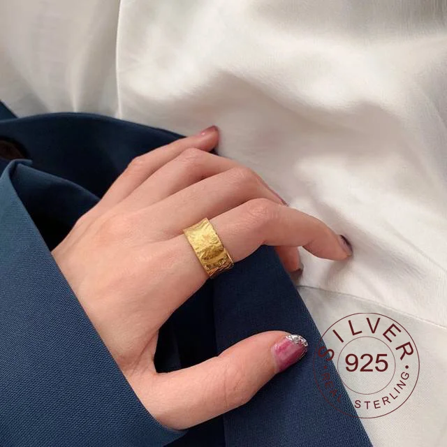 

925 Sterling Silver Irregular Wide Rings Gold High Quality Foil Paper Fashionable Rings for Women Silver Jewelry Gift