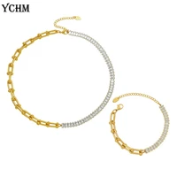 stainless steel u shape chain zircon necklace bracelet set for women 18 k gold plated jewelry set hip hop accessorices ychm