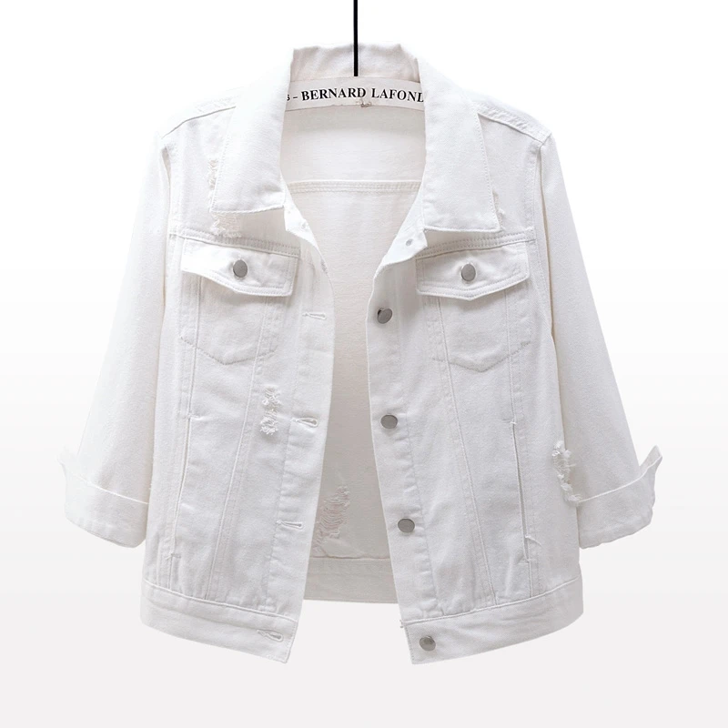 

2022 Spring Summer Women Denim Jacket Short Fashion Pocket 3/4 Sleeve Hole Jeans Jacket Ladies Harajuku Slim Jean Coat H307
