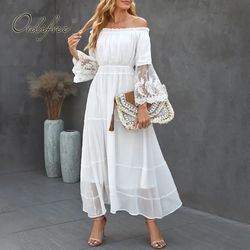 Фото Женское длинное платье Ordifree белое кружевное пляжное платье-туника с длинным