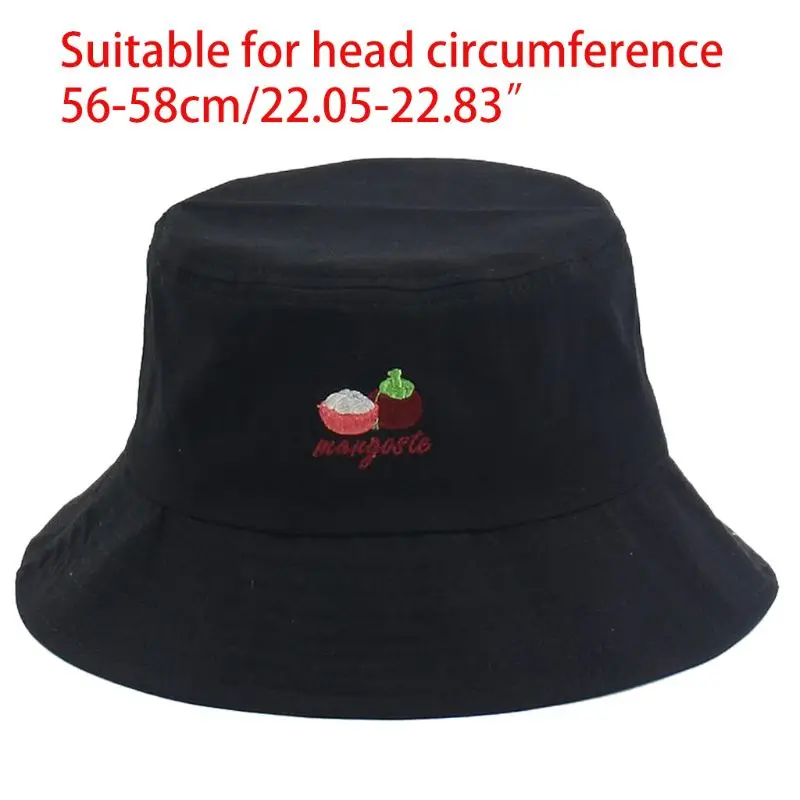 

Unisex Summer Cotton Bucket Hat Mangosteen Embroidered Wide Brim Fisherman Cap