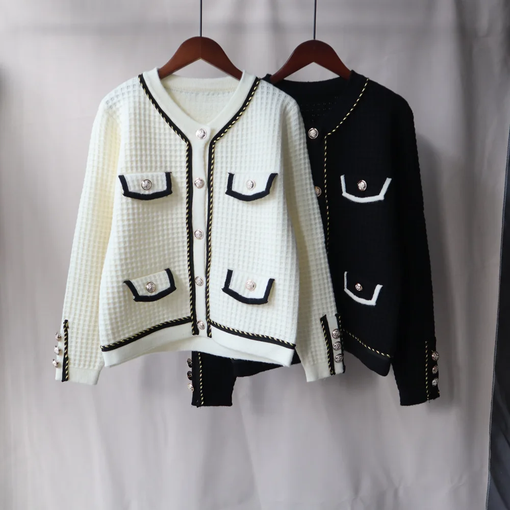 

2021 Autumn Winter Women White Black Knitted Cardigan Sweater Jumper Vintage Long Sleeve Button-up Female Outerwear
