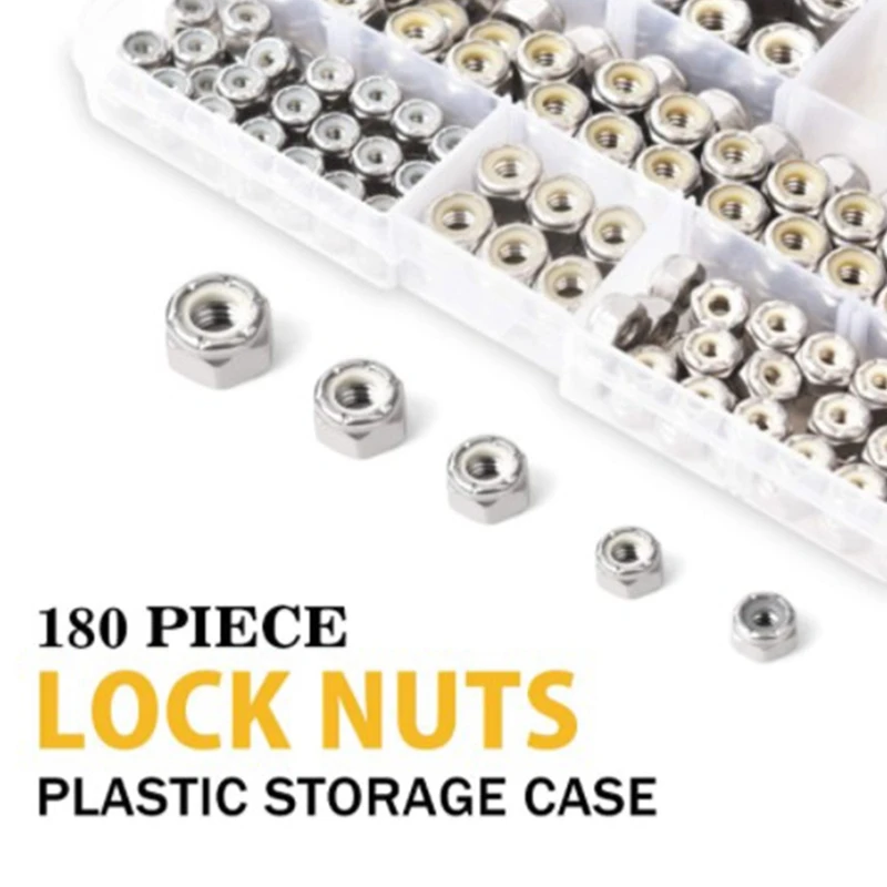 180PCS 1/4-20 5/16-18 3/8-16 8-32 10-32 Lock Nuts Nylon Insert Nut Assortment Kit 304 Stainless Steel Hex Locknuts | Обустройство