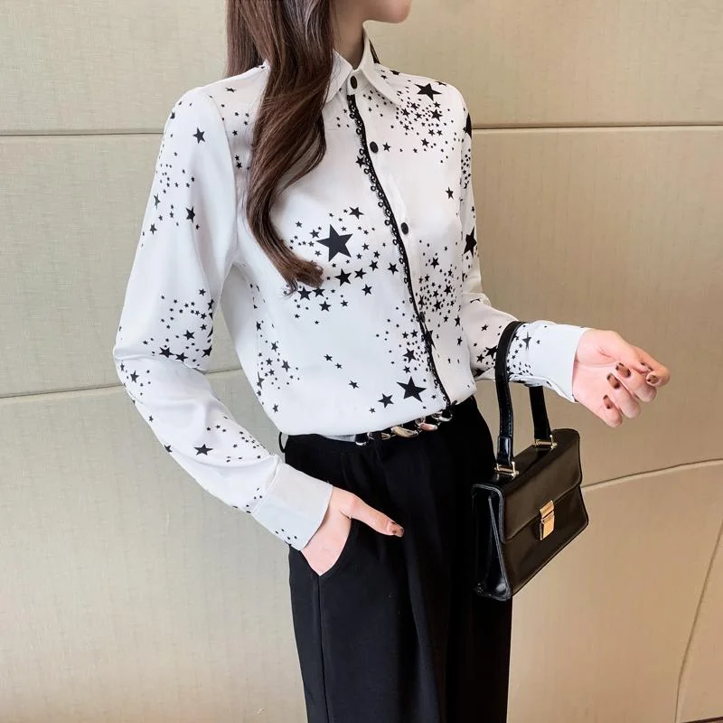 

Women's Blouse Chiffon Casual Top Fashion New Print Blouses Long Sleeve Shirt Korean Polo-Neck Tops Houthion