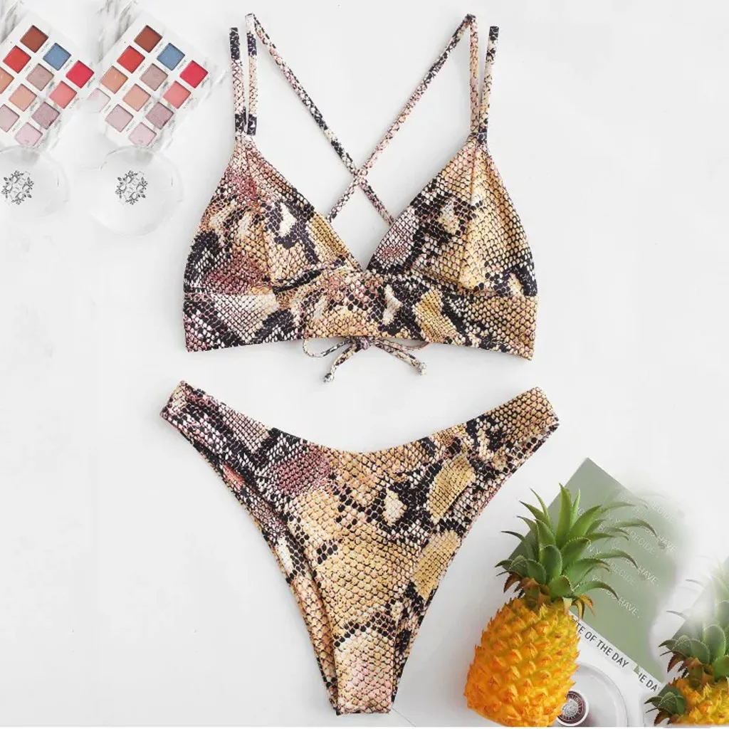 Женское бикини 2020 змеиный принт купальник сексуальный с перекрестными