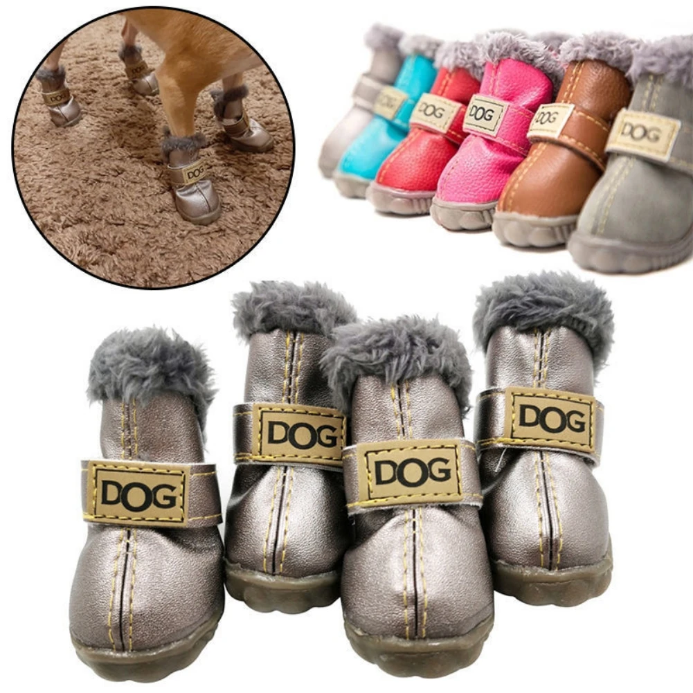 

4 Pcs/set Winter Pet Dog Shoes for Small Dogs Cats Fleece Super Warm PU Dog Snow Boots Waterproof Puppy ChihuahuaTeddy Shoes