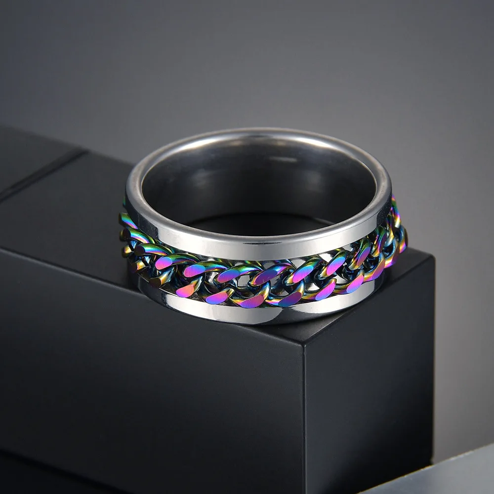 Винтажная 8 мм крутая черная прядильная цепь кольцо для мужчин текстура шин