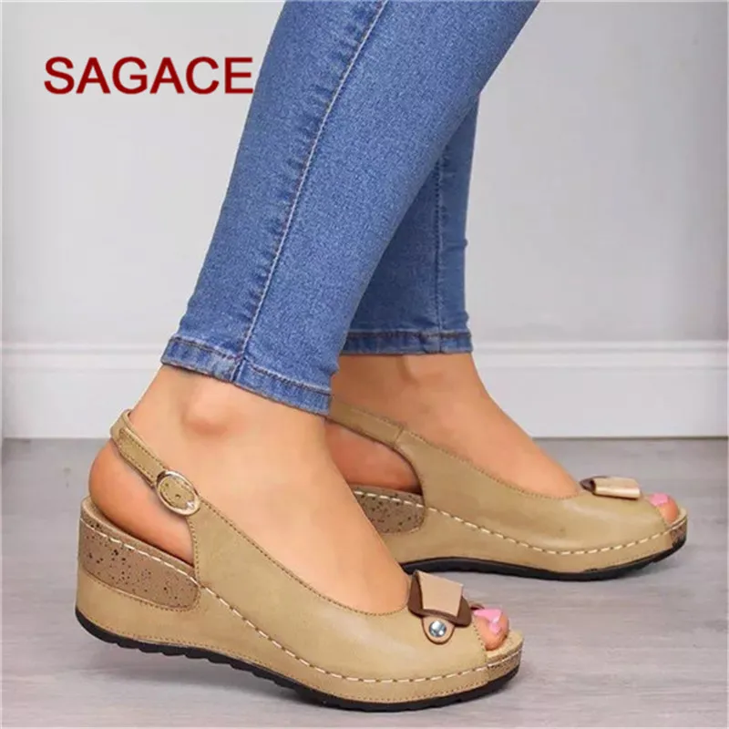 Женские босоножки на танкетке Повседневные Удобные туфли с открытым носком