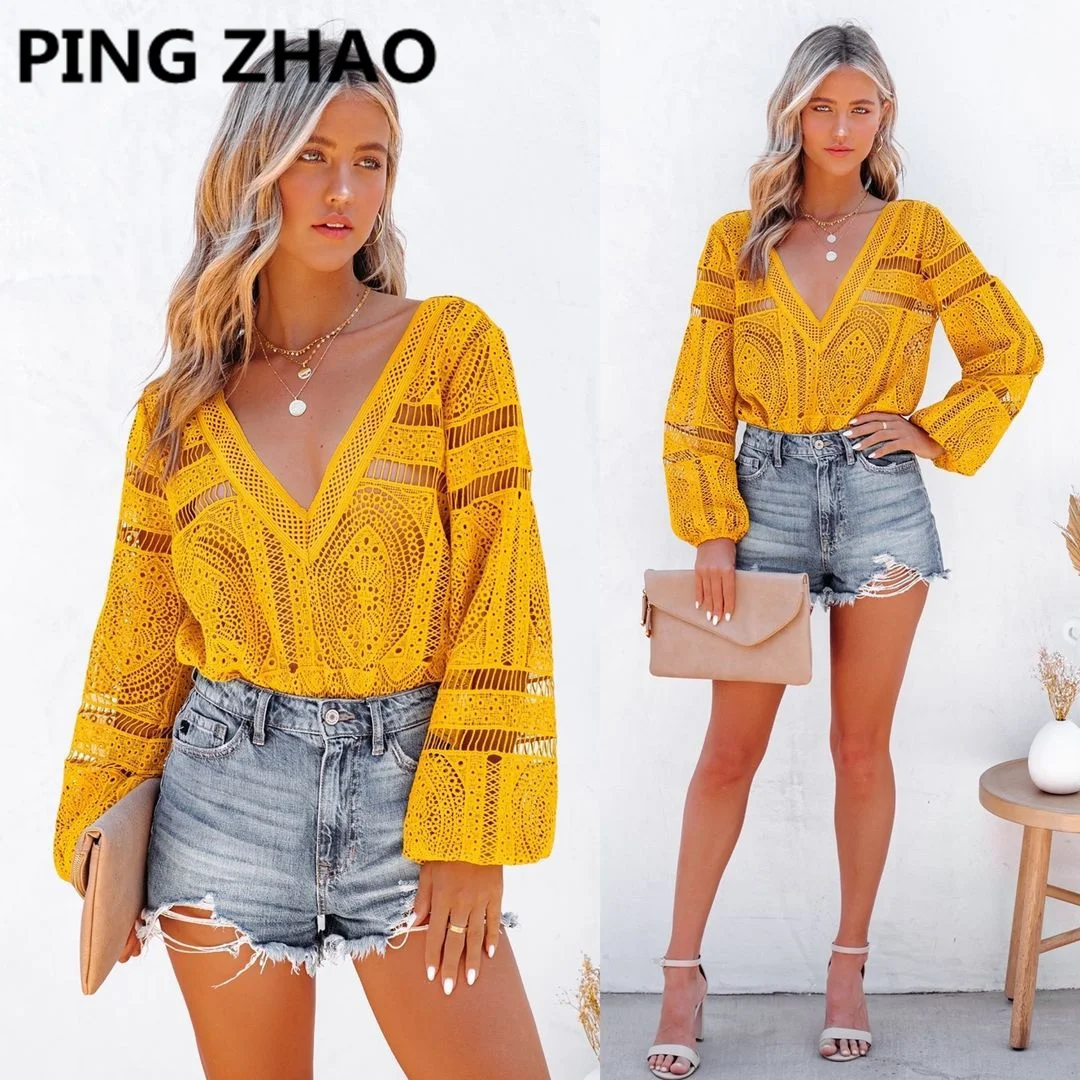 

PING ZHAO Sexy Lace Hollow Out Blouse Casual Long Sleeve V-neck Shirts Female Elegant Loose Tops