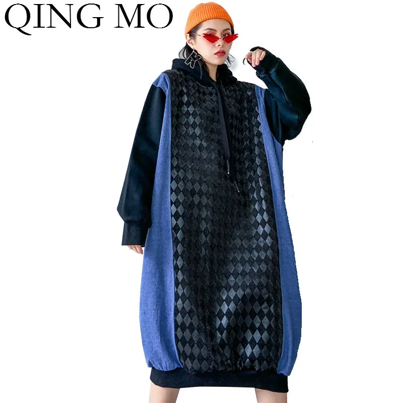 Зимнее женское платье с капюшоном QING MO 2020 джинсовое в стиле пэчворк плотная