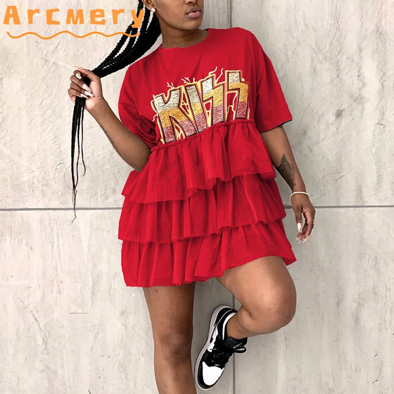 

Women Letter Printed Cascading Ruffle Design T-shirt Dress