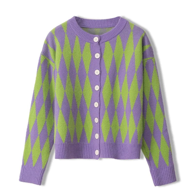 

Женский трикотажный кардиган, однобортный свободный джемпер в клетку, с длинным рукавом, со стразами, осень 2020