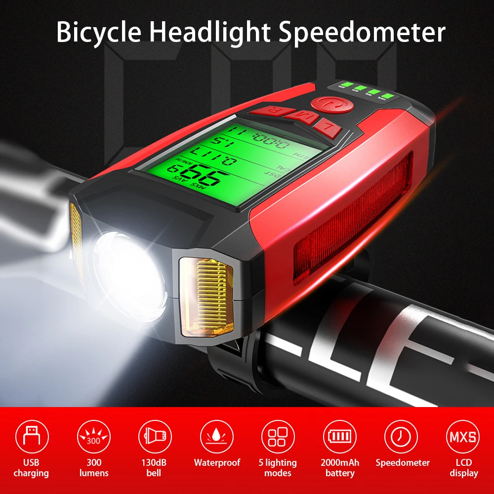 

Bike Lights LEDs Cycling Headlight with 130dB Horn Speaker USB Rechargeable 5 Light Modes for Outdoor Riding Cycling