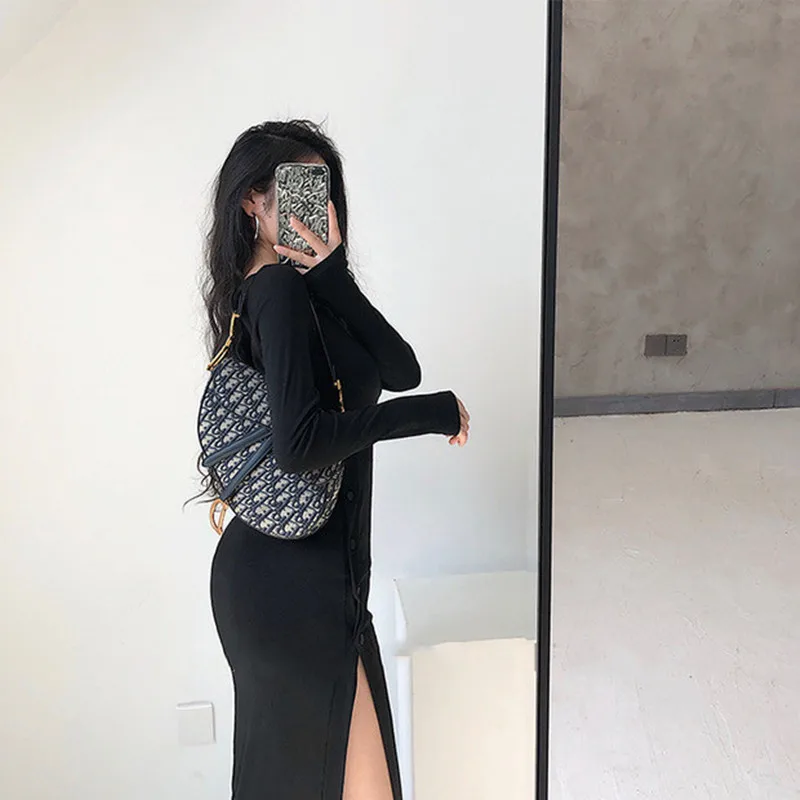 

2020 Autumn New Sloping Shoulder Tight-fitting Hip Sexy Dress Long-sleeved Split Black Long Skirt Design Sense