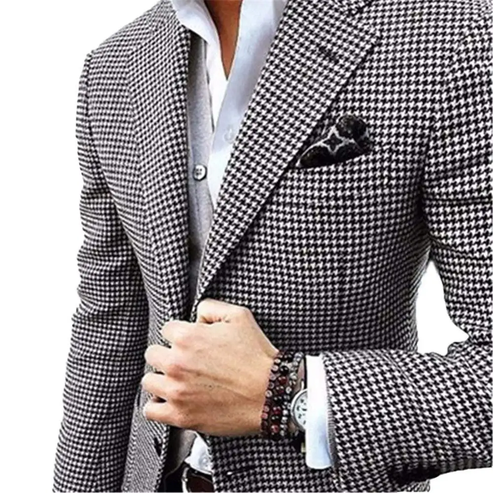 

New Stylish Design Groom Tuxedos Two Button Houndstooth Notch Lapel Groomsmen Best Man Suit Mens Wedding Suits Jacket 008