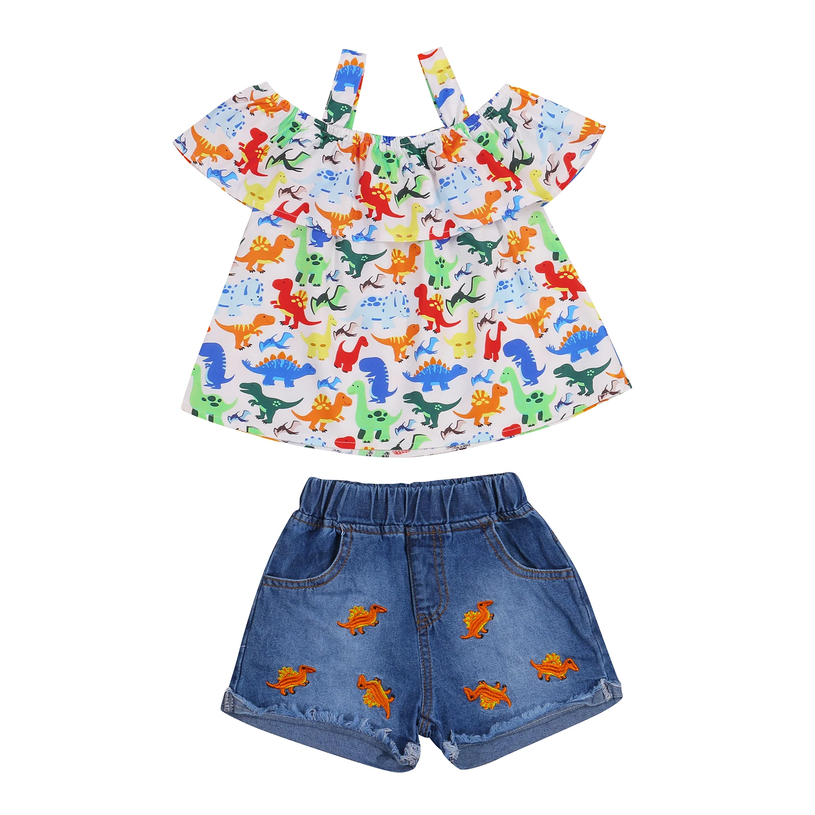 

Summer Baby Girls Cartoon Dinosaur Printing Flouncing Suspender Tops + Animal Embroidery Denim Shorts