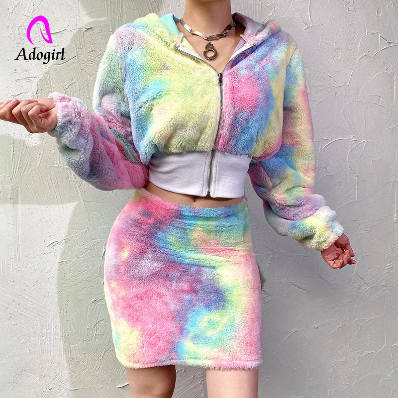 Красочный осенне зимний плюшевый пушистый спортивный костюм для женщин комплект