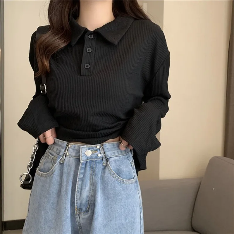 Футболка женская трикотажная с отложным воротником и длинным рукавом | Женская