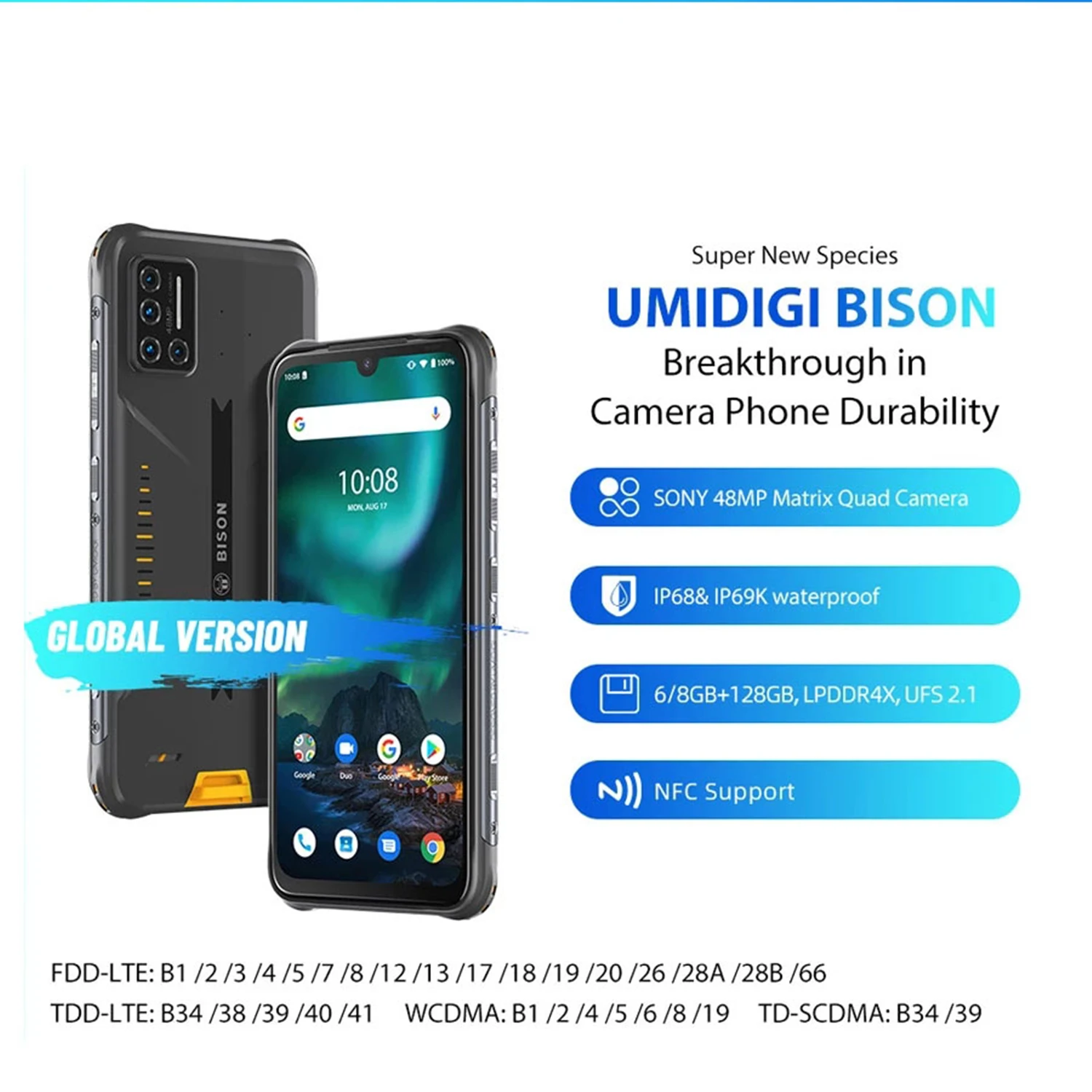 UMIDIGI BISON Waterproof Smartphone 6GB+128GB Octa Core Android 10 Rugged Phone 48MP Camera 6.3