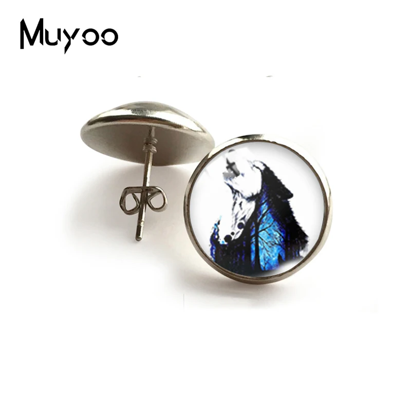 

2021 New Winter Wolf with Tree Stud Earring Animal Round Earrings Glass Dome Jewelry Gifts Women