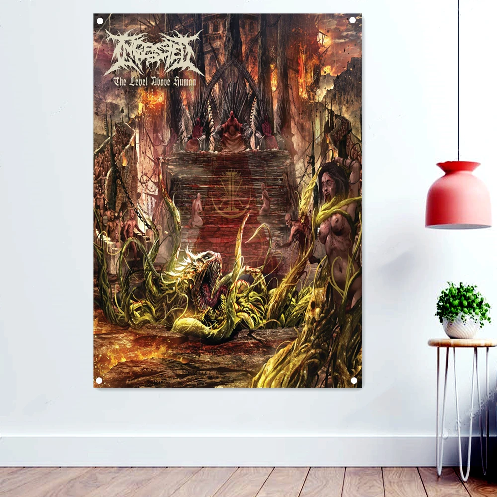 

King of Hell Scary Bloody Death Art Flag Wall Hanging Painting Vintage Rock Band Banner Heavy Metal Music Posters Home Decor