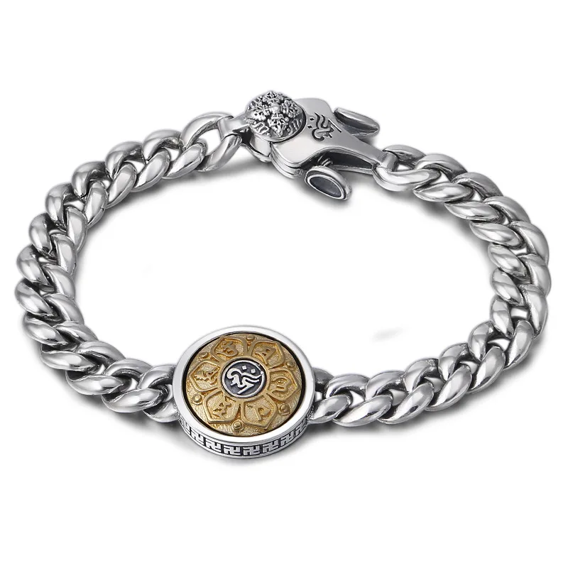 

Bracelet For Women Or Men 925 Sterling Silver Fashion Jewelry Retro Rotatable Six-Character Mantra Round Buddhist Bracelet