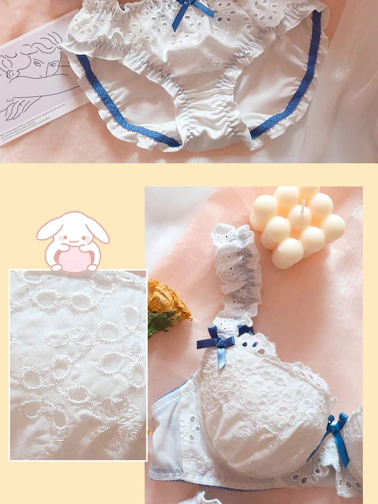 Cute Sweet Ruffle Women White Underwire Bra & Panties Set Soft Girl Fresh Lolita Hollow Out Petals Lace Embroidery Underwear Set