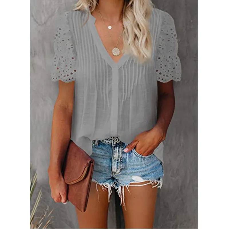

White Cotton Linen V-neck Women Short Sleeve Blouse Summer Hollow Out Ruffled Sleeve Tops 2021 Fashion Elegant Solid Blouses New