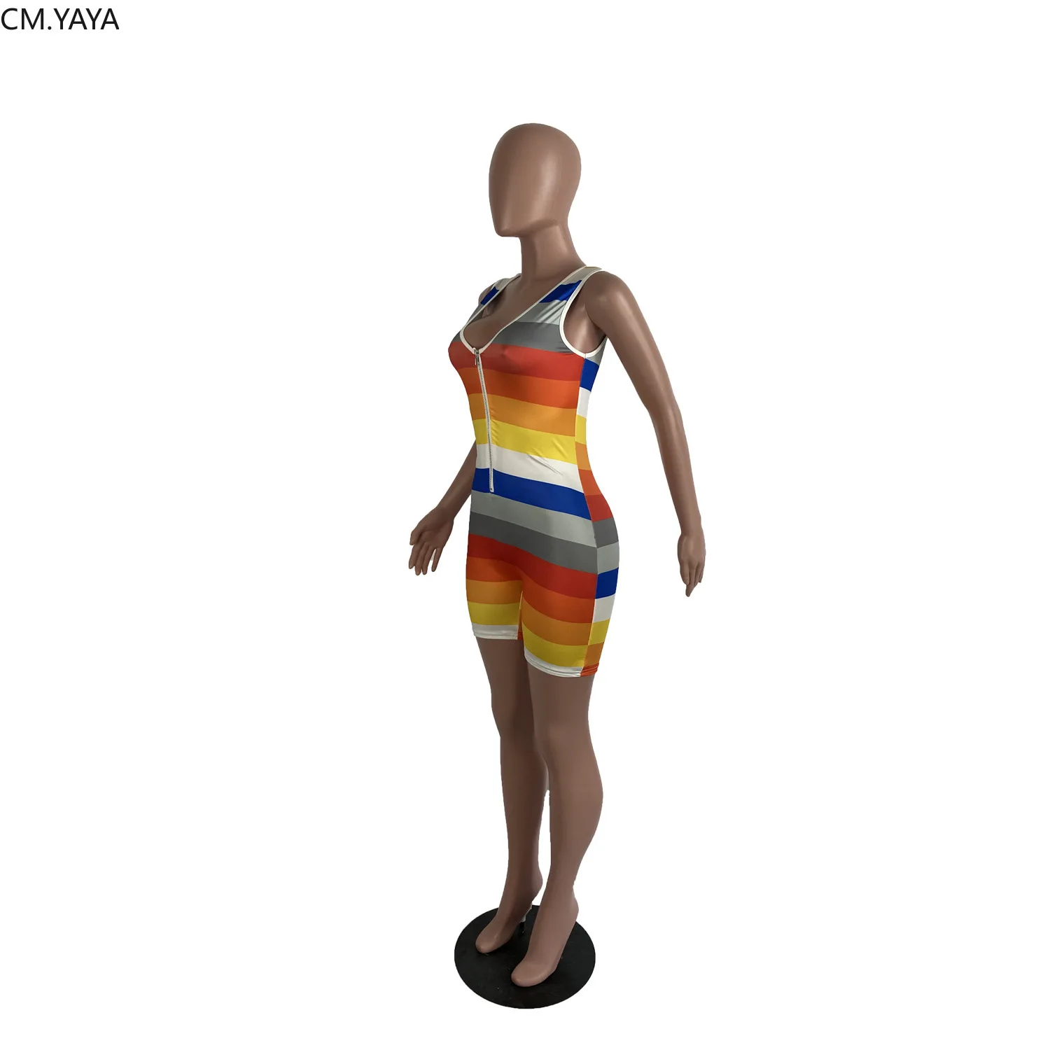 CM.YAYA Summer Women Rainbow Striped Zipper Up Sleeveless Bodycon Bodysuit Knee Length One Piece Romper Playsuit Jumpsuit |