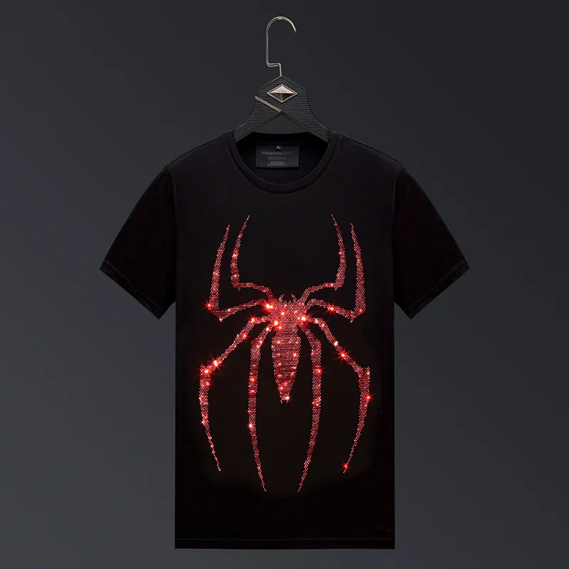

Summer 2021 Red Spider Rhinestones T Shirt Men Fashion Streetwear Short Sleeve O Neck Slim Plus Size Man Tshirt Camisetas Hombre