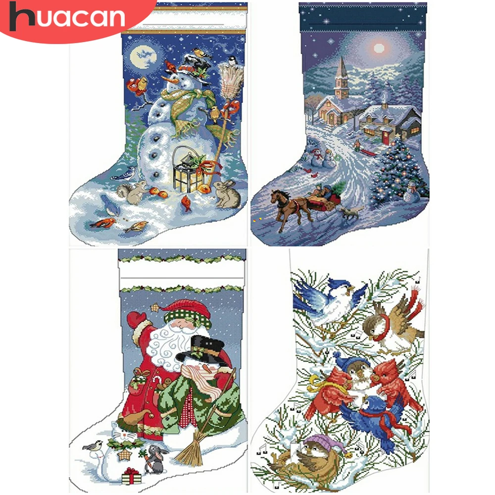

HUACAN Cross Stitch Embroidery Christmas Socks Sets White Canvas Needlework Handicrafts Cross Stitch Christmas Gift 14CT 11CT