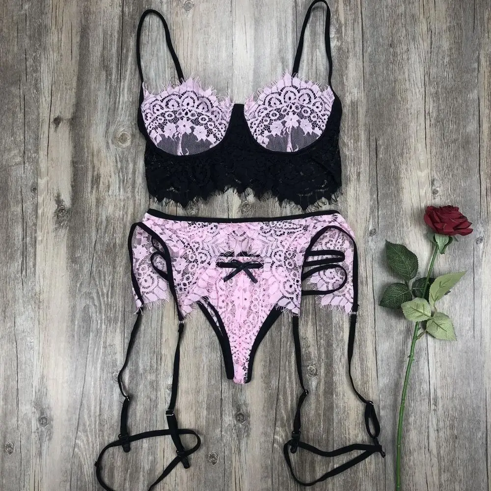 Pink Женский кружевной ансамбль Soutien Gorge Culotte, сексуальное женское белье, бюстгальтер на бретельках и трусики, набор подвязок, нижнее белье, Babydoll Lenceria Mujer - Цвет: Pink