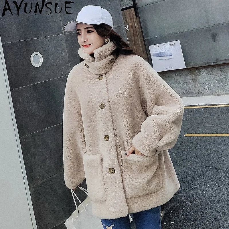 AYUNSUE 2021 Winter Real Sheep Shearing Jacket Women's Fur Coat Famale Clothes Casual Wool Jackets Manteau Femme Hiver Sqq1235