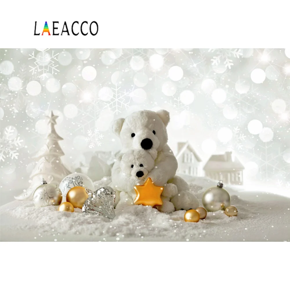 Laeacco фоновая фотография Рождество дерево плюшевый медведь дерево горошек Снежинка ребенок портрет фото фон фотосессия Фотостудия
