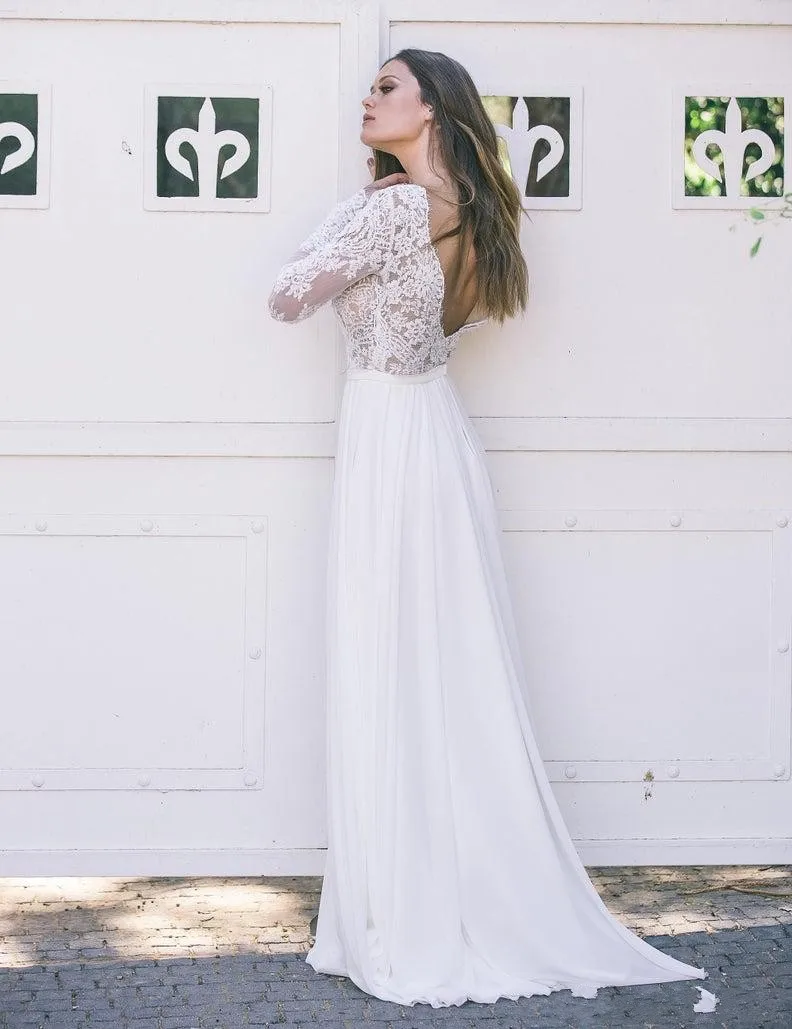 Женское шифоновое платье с длинным рукавом открытой спиной и V-образным вырезом -