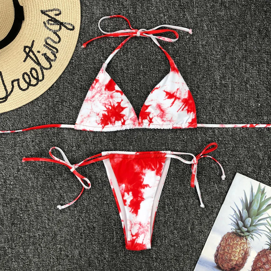 

bikini 2021 Sexy Tie-Dye Lace Up High Cut Leg Halter Bikini Set Two Piece Swimsuit swimwear women tankini bathing suit women