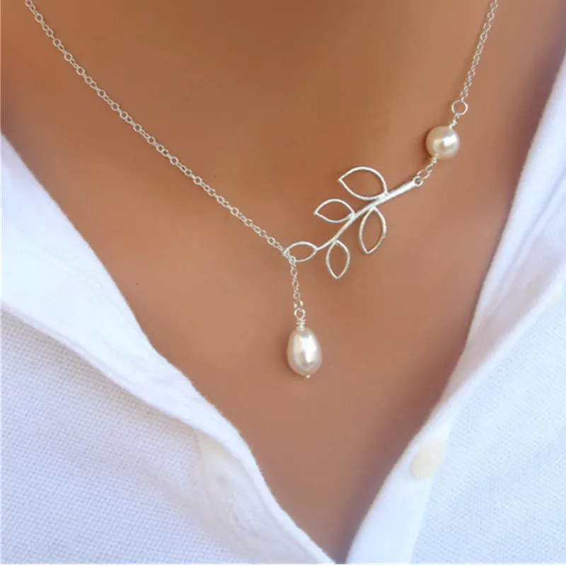 fashion leaf pearl drop necklace cross necklace brand hot pearl and leaves lariat necklace women choker necklaces pendants free global shipping