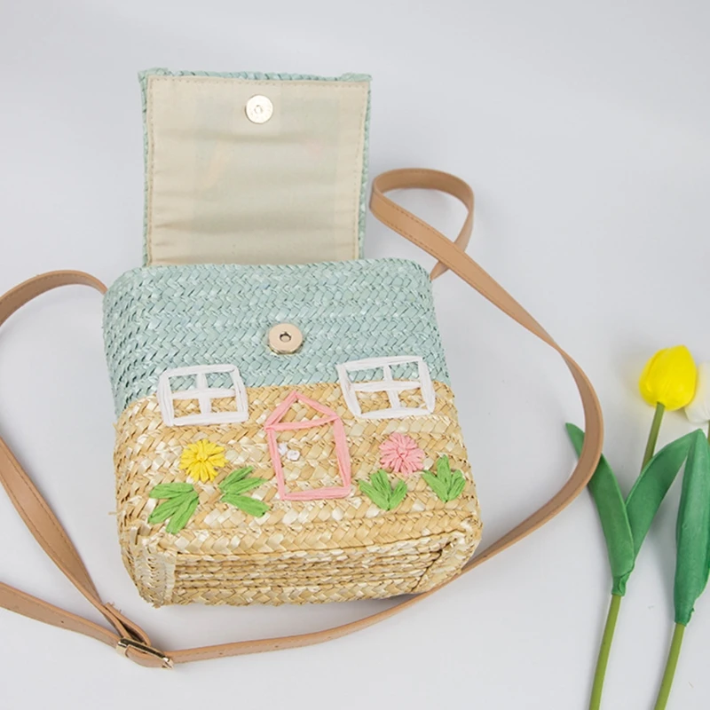 

Cute Cartoon House Print Woven Kids Shoulder Bag Straw Handbag Crossbody Purse Rattan Woven Envelope Storage Bag Outdoor F62A