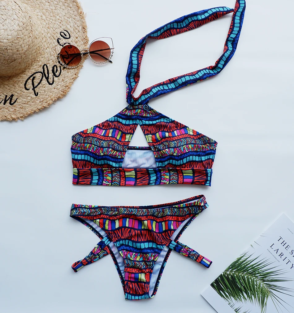 Женский комплект бикини с чашками пуш-ап и принтом высоким воротом | Женская