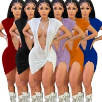 skmy women clothing solid color sleeveless deep v neck knot irregular bodycon sexy dresses party night club dress 2021