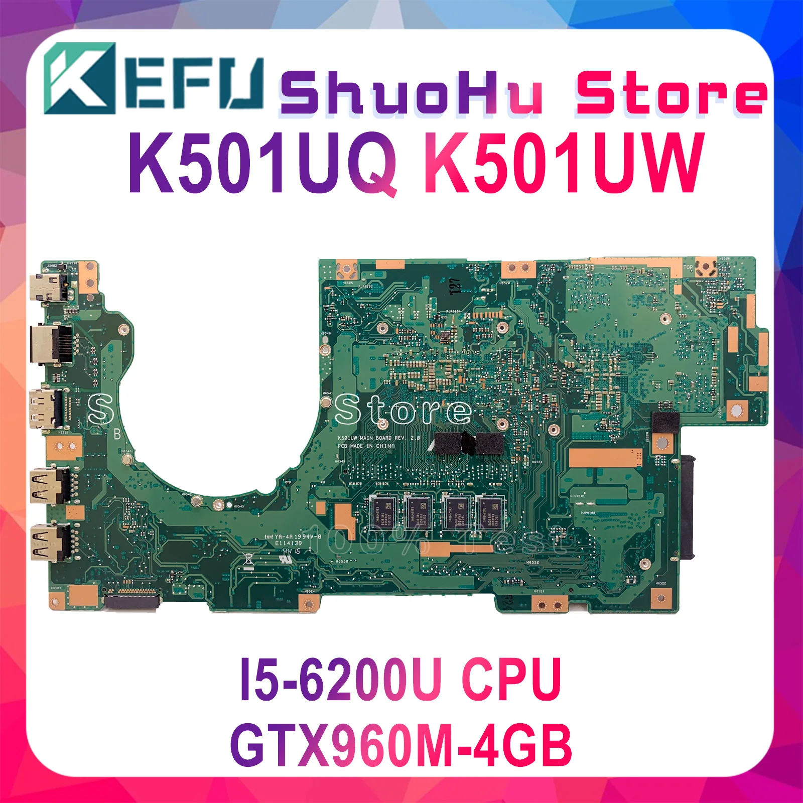 KEFU K501UW для ASUS K501UQ K501U A501UB Материнская плата ноутбука испытания I5 6200U 8 Гб GTX960M 100%