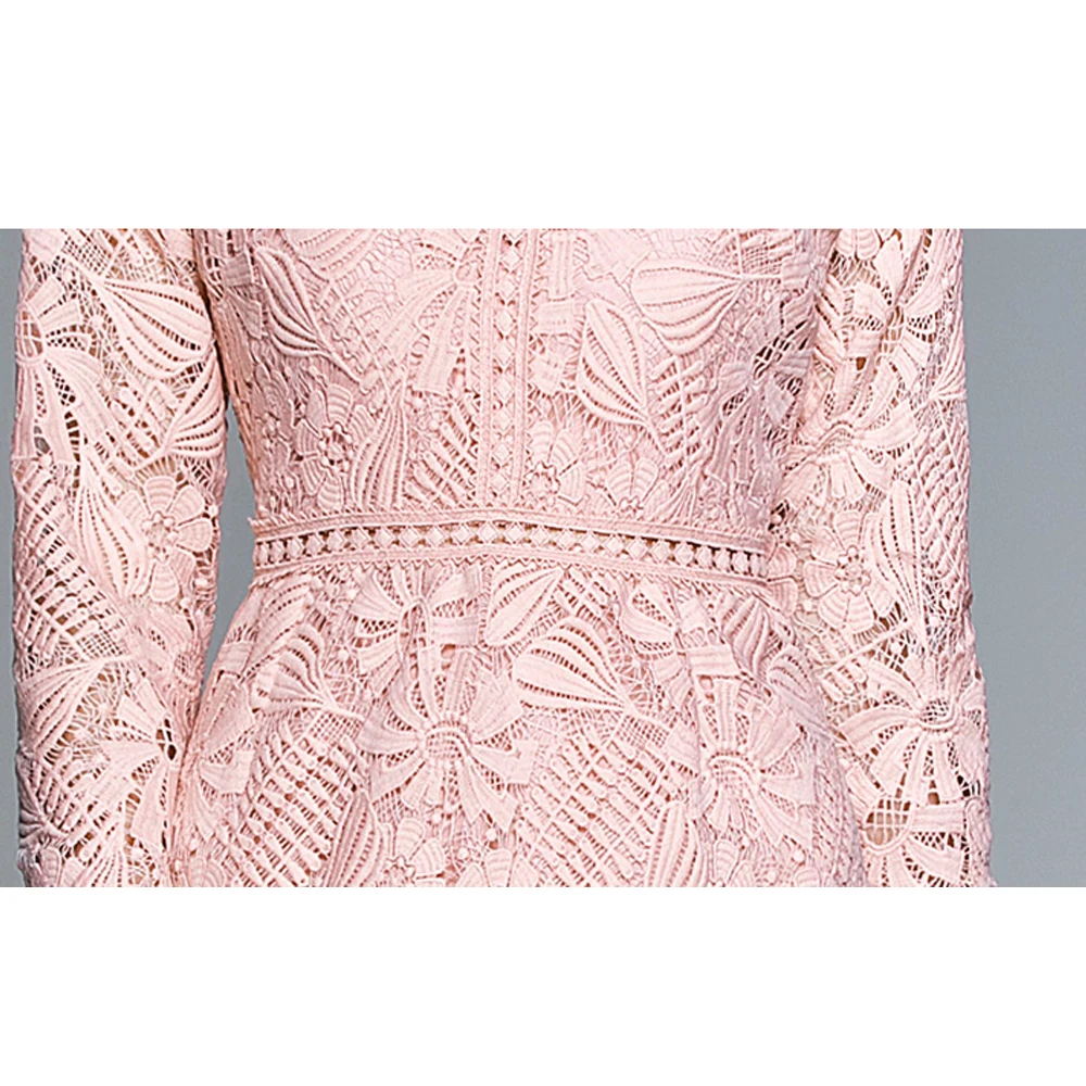 

Simgent Crochet Lace Dress Women Elegant Retro Ruffle Long Sleeve Spring Elegant Pink Dress Robe Dentelle Vestidos SG0122910