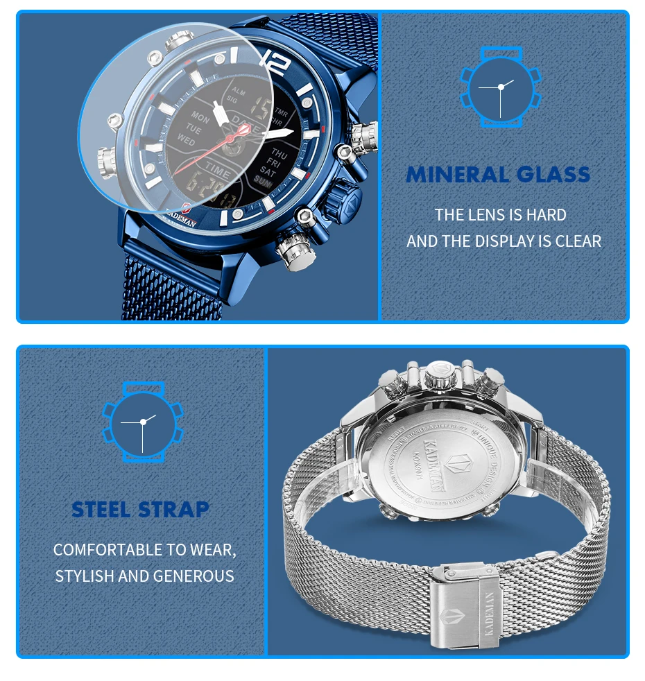 KADEMAN Men Watchs New Fashion Cool Unique Digital Big Dial Quartz Mesh Stainless Steel Simple Back Light Sport Business Watches | Наручные