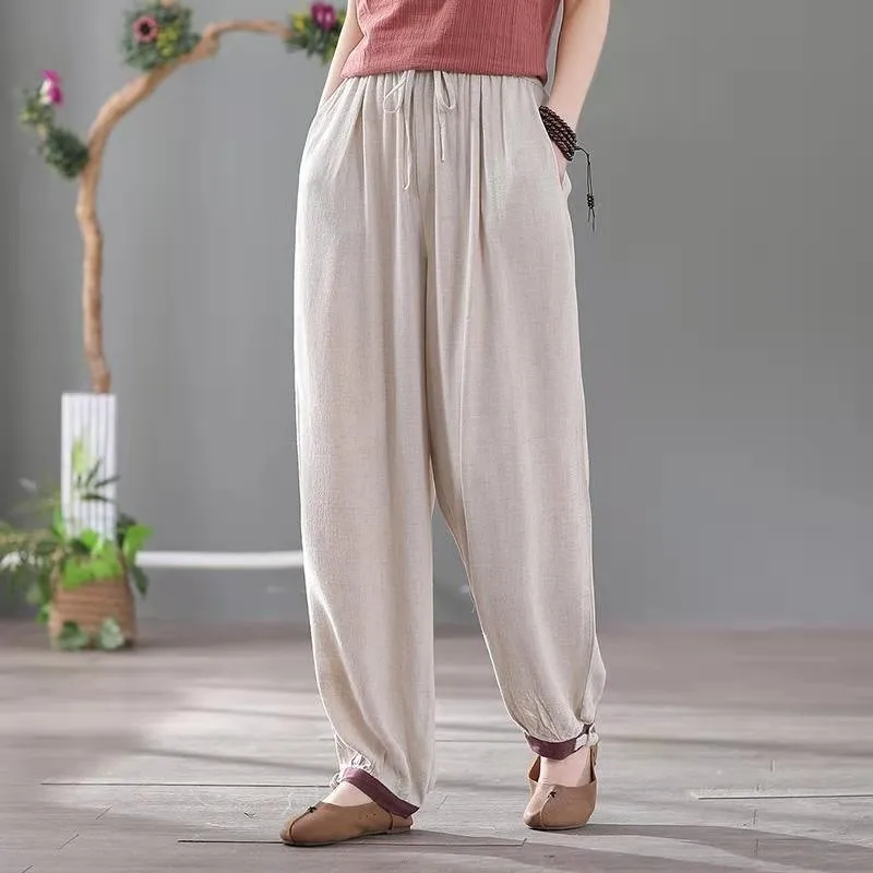 

2021 New Arrival Summer Women Loose Casual Elastic Waist Ankle-length Pants All-matched Vintga Cotton Linen Harem Pants W165