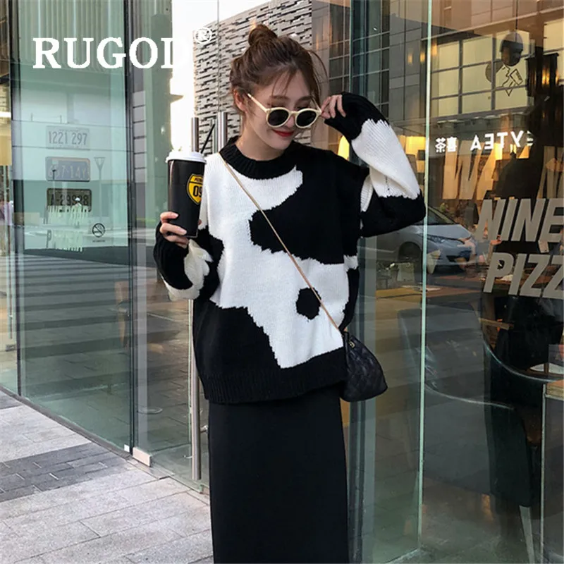 Женский пуловер с круглым вырезом RUGOD черно-белый свободный толстый вязаный