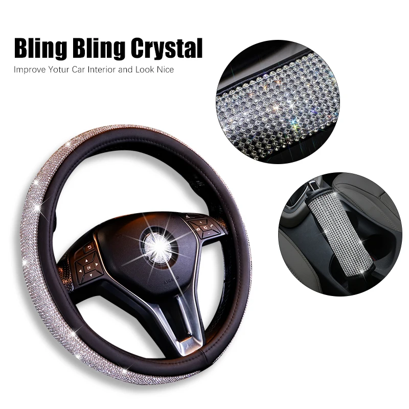

38CM Car Steering Wheel Cover Protector For Women Girls Bling Bling Rhinestones Crystal Car Interior Decoration Auto Accessories