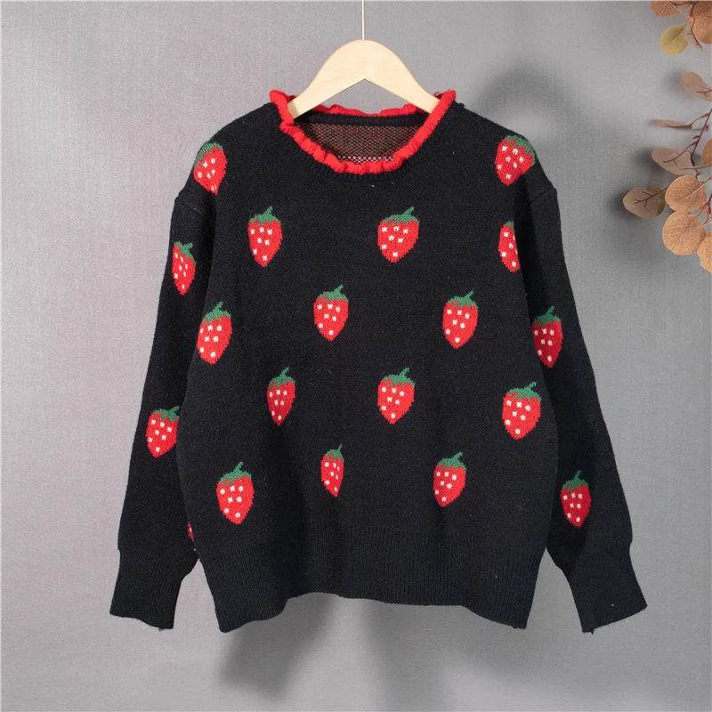 

Sweet Fruit Embroidery Knit Sweater Autumn New Women's Long Sleeved Bottoming Sweater Loose Korean Style Lazy Knitted Top 2021