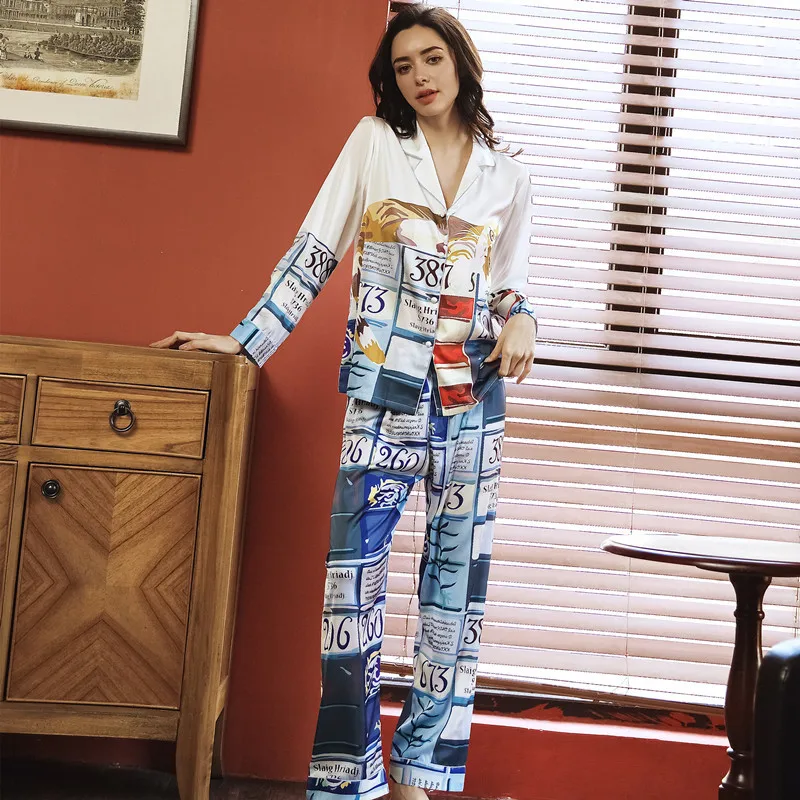 Spring and autumn new pajamas set female printing simulation silk pyjamas fashion trend ice home service 2 pieces sleepwear | Женская